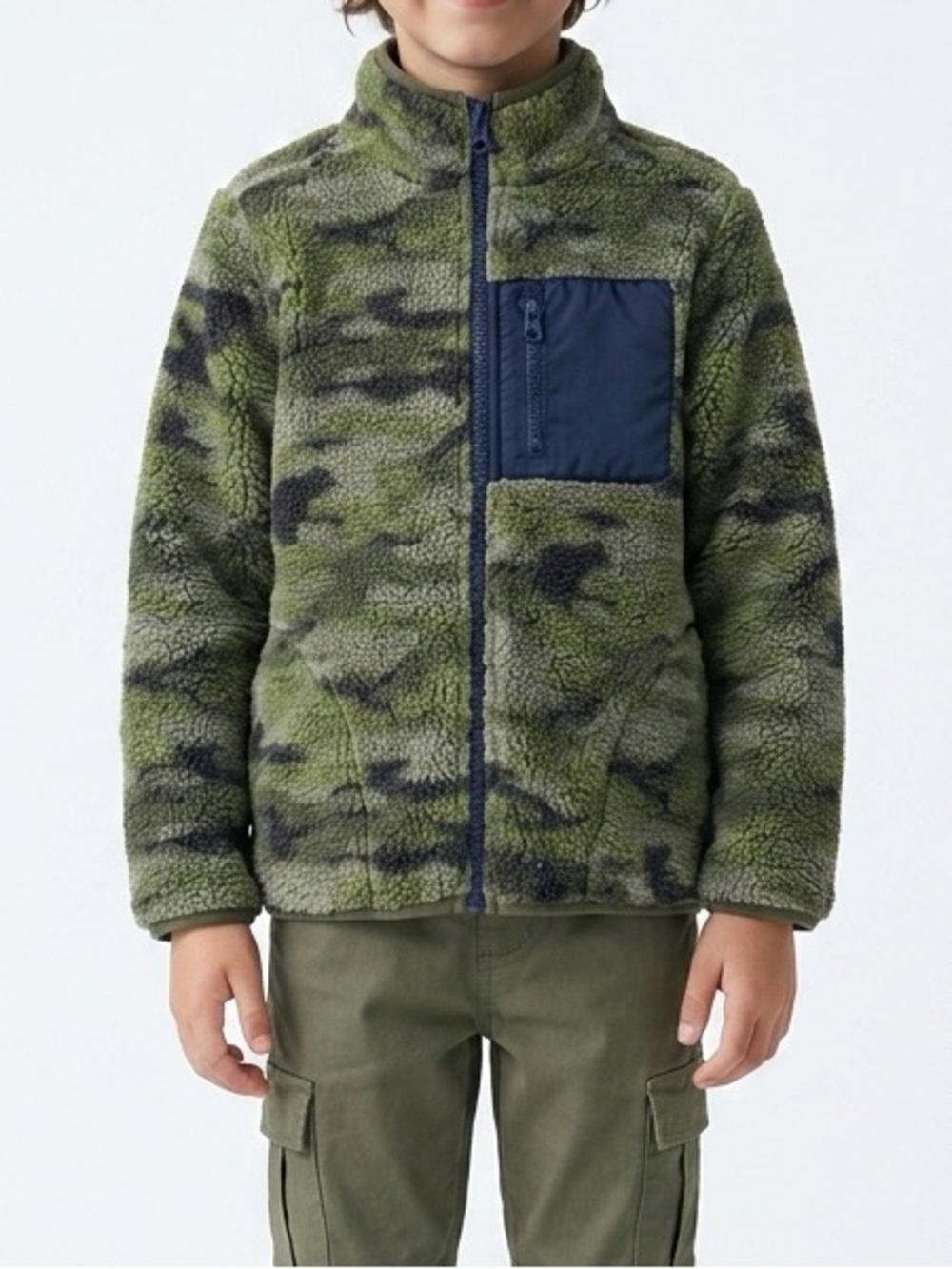 Andy & Evan Green Camo Fleece Jacket with Navy Pocket